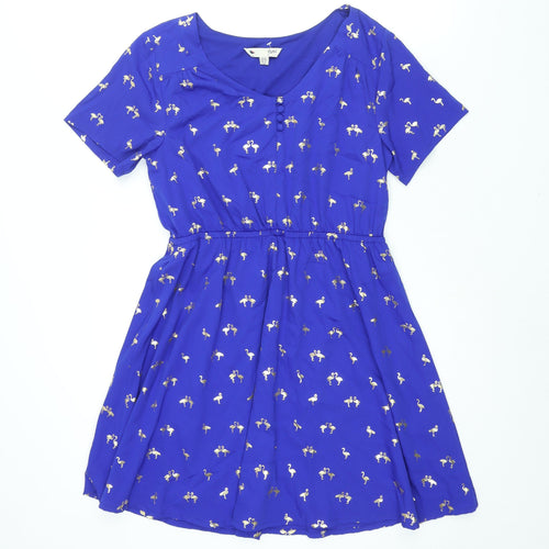Yumi Womens Blue Geometric Polyester A-Line Size 12 V-Neck Button - Flamingo Print