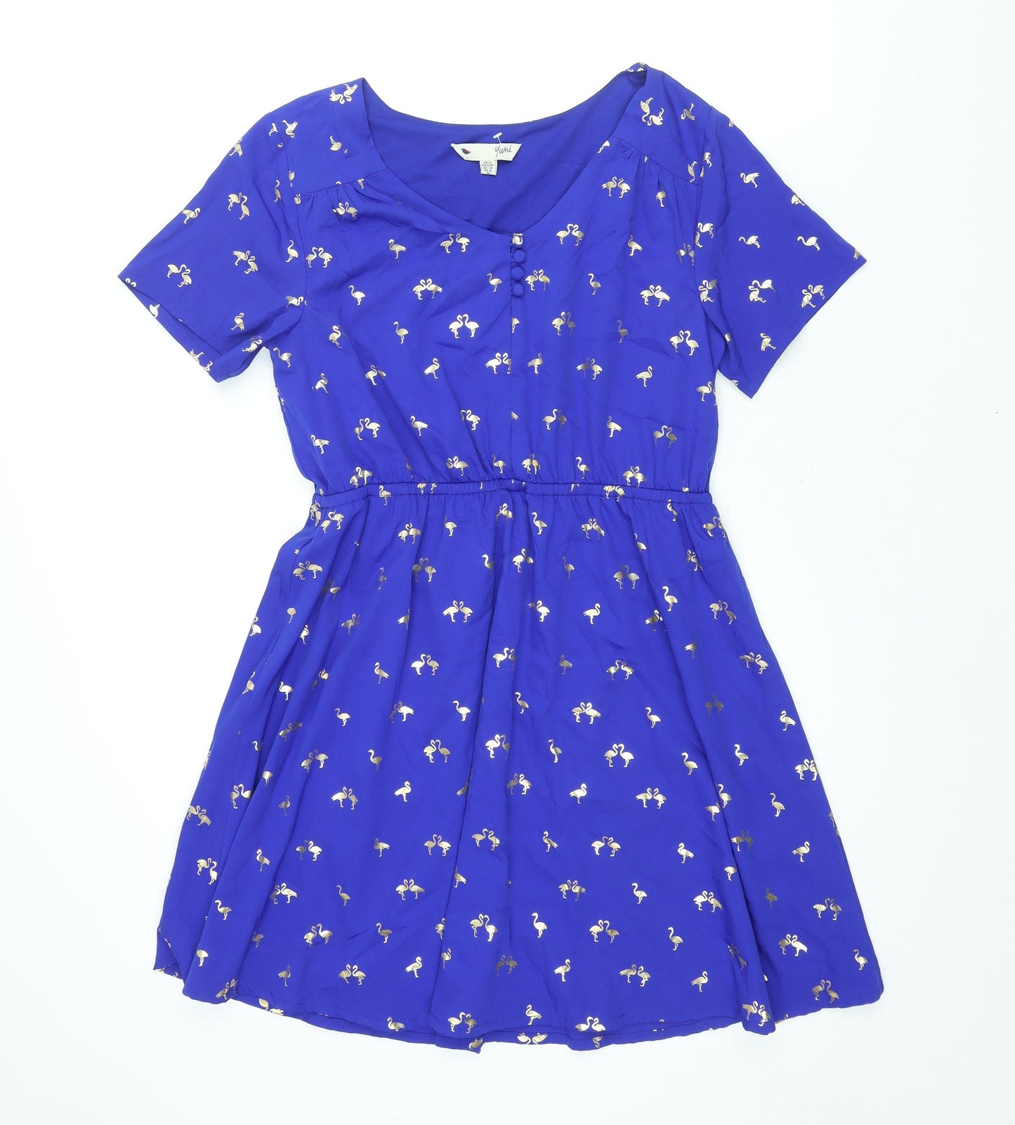 Yumi Womens Blue Geometric Polyester A-Line Size 12 V-Neck Button - Flamingo Print