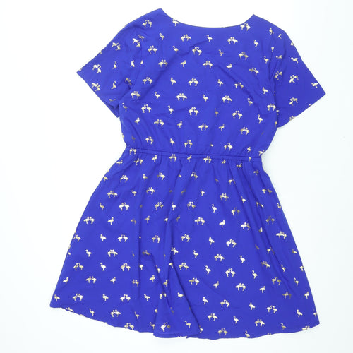 Yumi Womens Blue Geometric Polyester A-Line Size 12 V-Neck Button - Flamingo Print