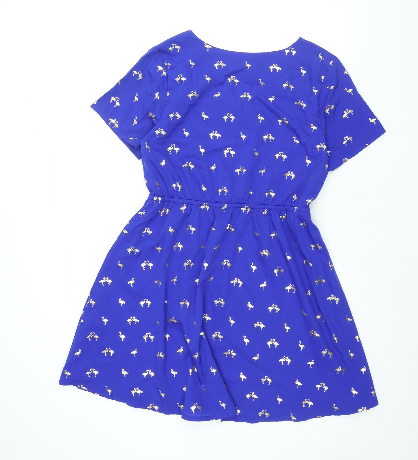 Yumi Womens Blue Geometric Polyester A-Line Size 12 V-Neck Button - Flamingo Print