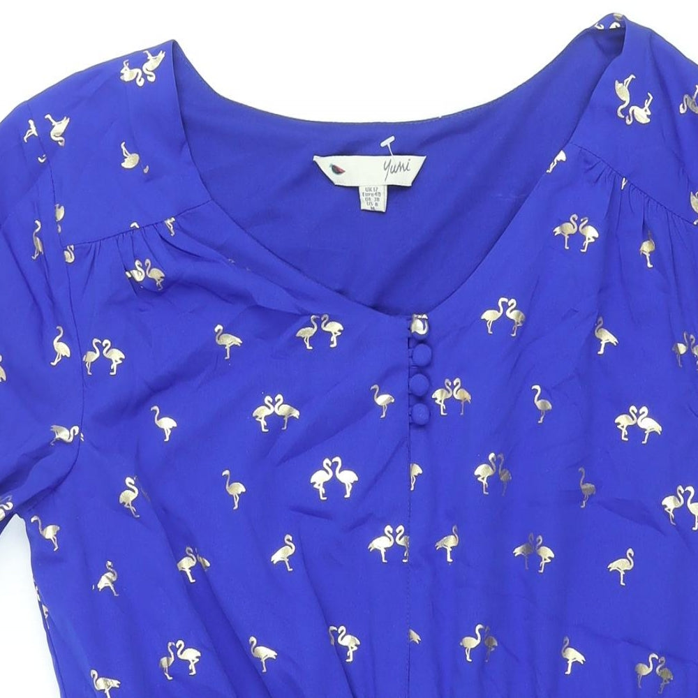 Yumi Womens Blue Geometric Polyester A-Line Size 12 V-Neck Button - Flamingo Print