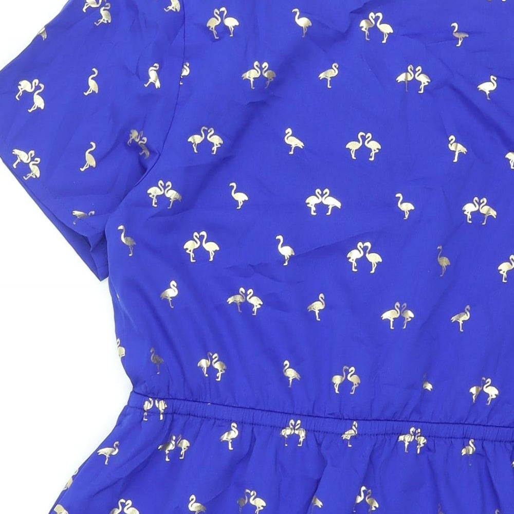 Yumi Womens Blue Geometric Polyester A-Line Size 12 V-Neck Button - Flamingo Print