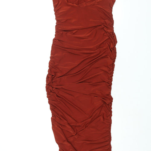 Club London Womens Brown Polyester Bodycon Size 8 Scoop Neck Pullover - Rouched