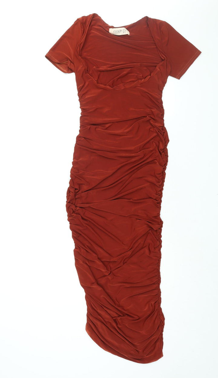 Club London Womens Brown Polyester Bodycon Size 8 Scoop Neck Pullover - Rouched