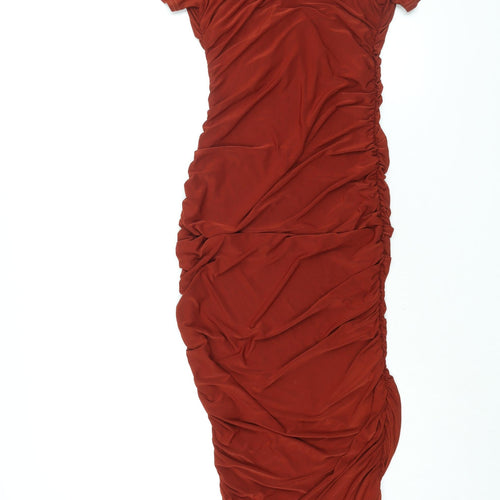 Club London Womens Brown Polyester Bodycon Size 8 Scoop Neck Pullover - Rouched