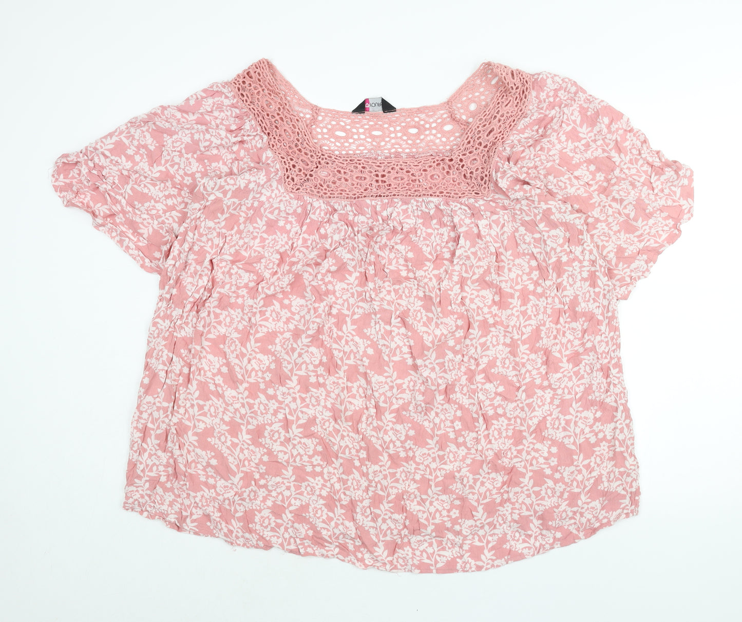 Yours Womens Pink Floral Viscose Basic Blouse Size 20 Square Neck - Lace Trim