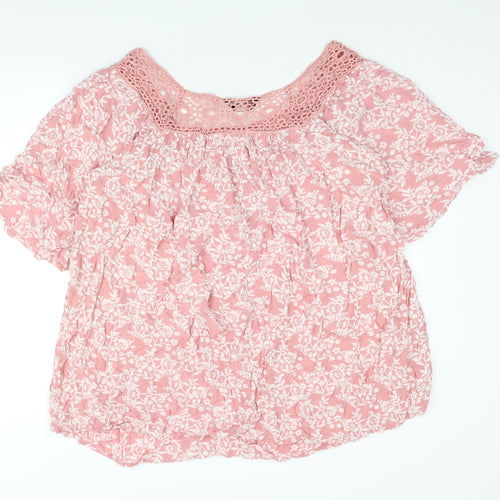 Yours Womens Pink Floral Viscose Basic Blouse Size 20 Square Neck - Lace Trim