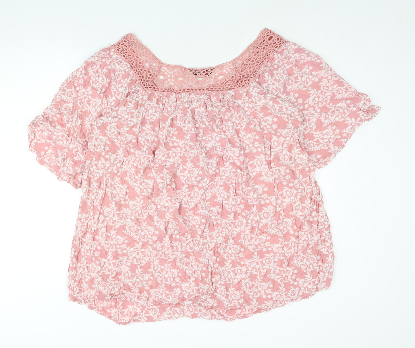 Yours Womens Pink Floral Viscose Basic Blouse Size 20 Square Neck - Lace Trim