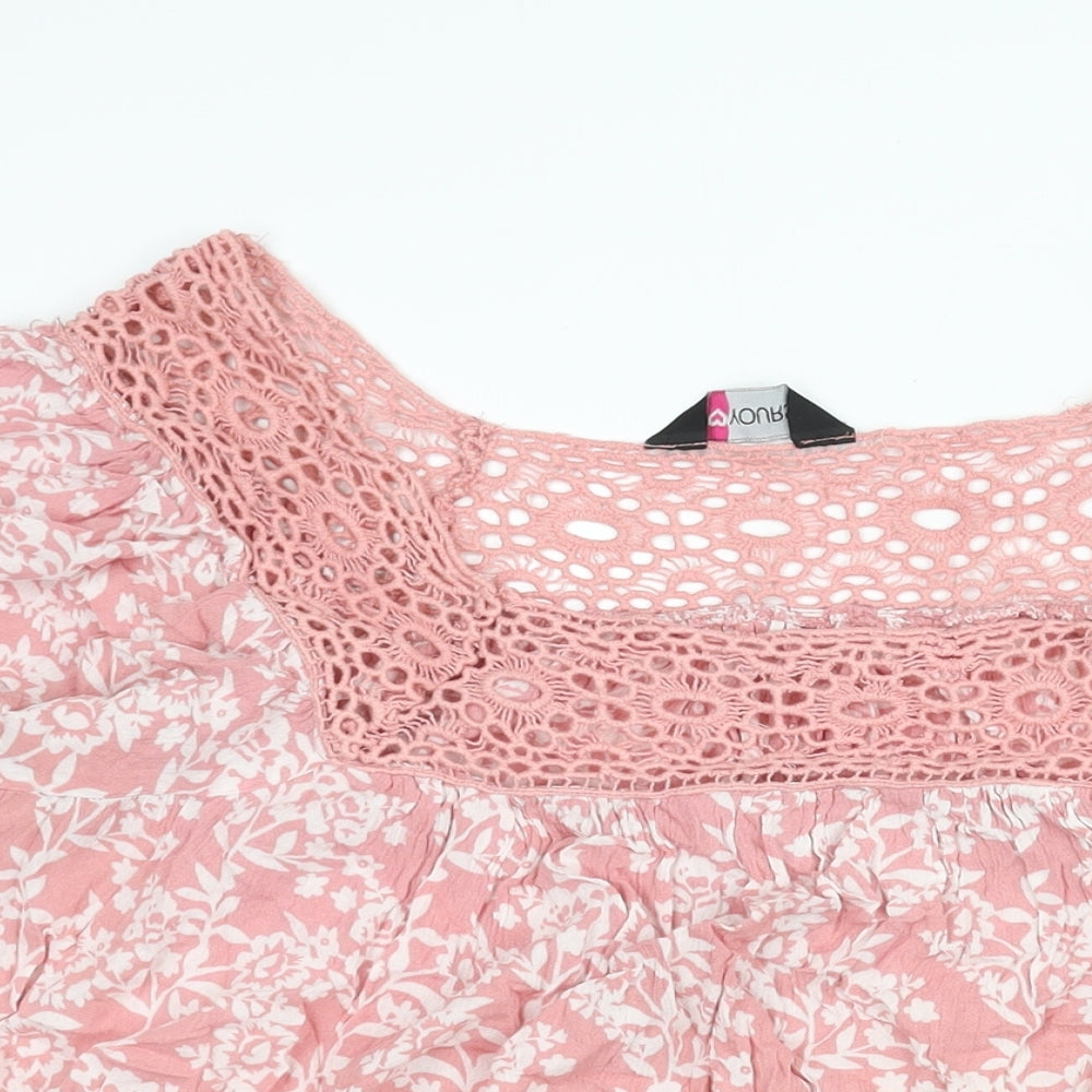 Yours Womens Pink Floral Viscose Basic Blouse Size 20 Square Neck - Lace Trim