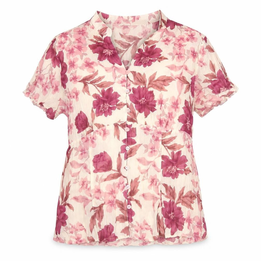 Front view of Autonomy women’s pink floral polyester basic blouse, size UK 16, v-neck