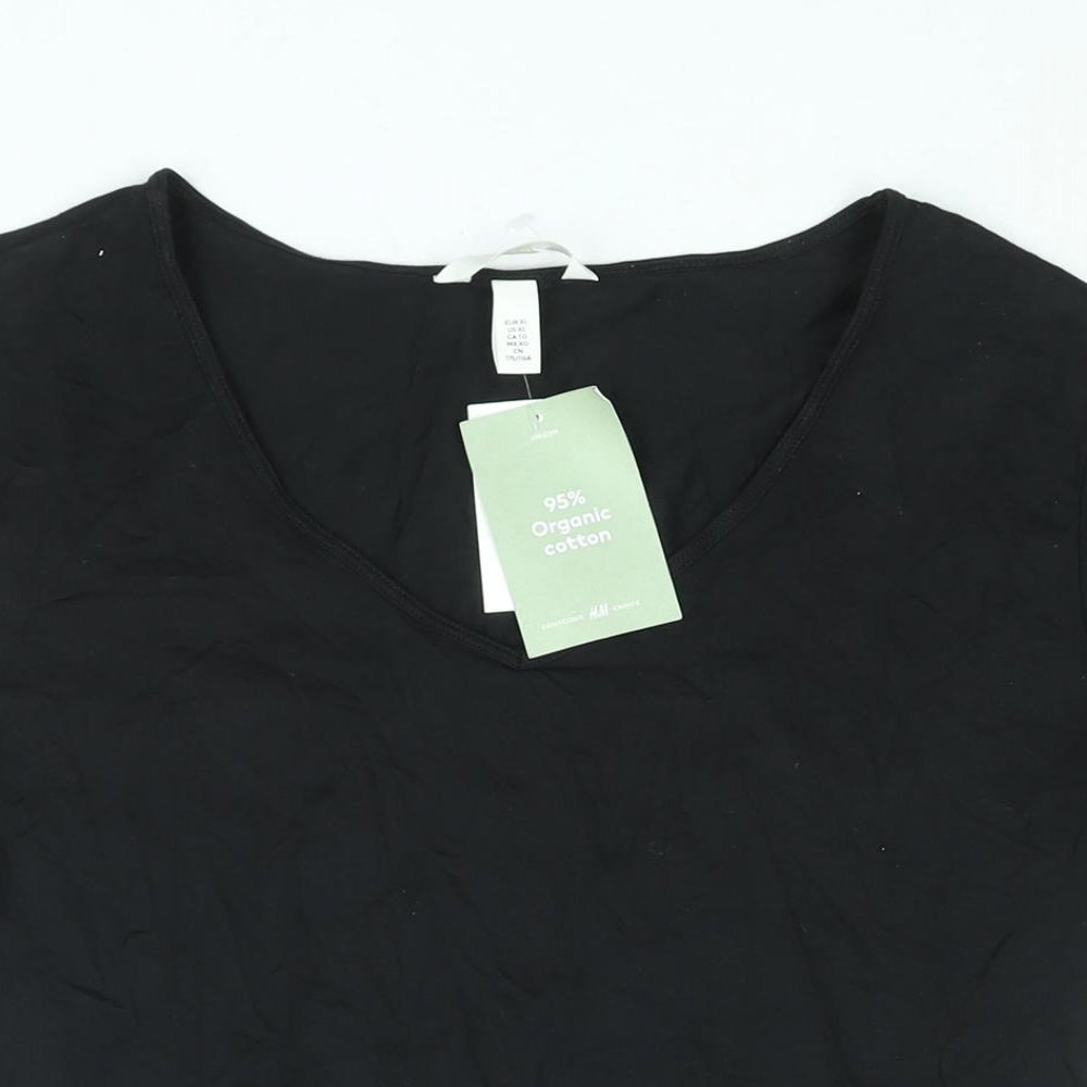 H&M Womens Black Cotton Basic T-Shirt Size XL V-Neck