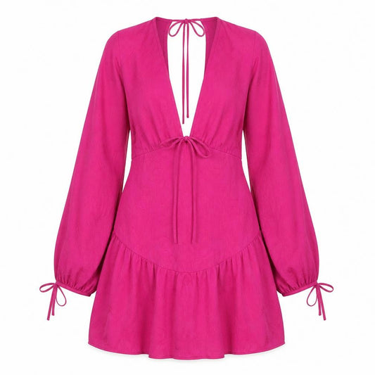 Front view of Topshop women’s pink polyester shift, size UK 10, v-neck zip - tie