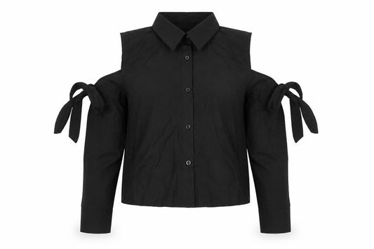 Front view of Boohoo women’s black polyester basic blouse, size UK 6, collared - cold shoulder tie