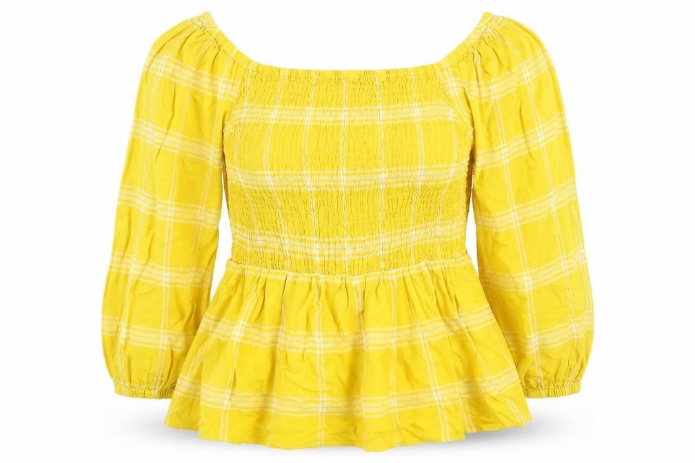 Front view of Marks & Spencer women’s yellow check linen basic blouse, size UK 14, square neck - rouched