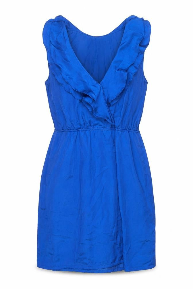 Front view of Old Navy women’s blue polyester shift, size L, v-neck snap - frill