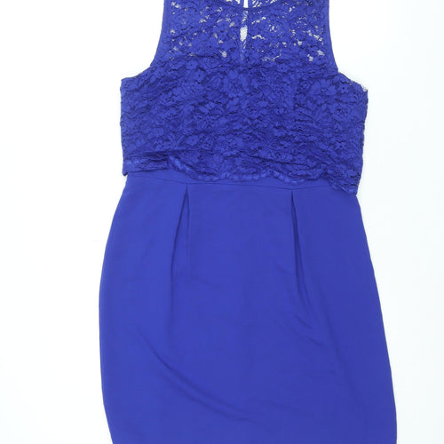 Oasis Womens Blue Polyamide Shift Size 14 Round Neck Button - Lace Bodice