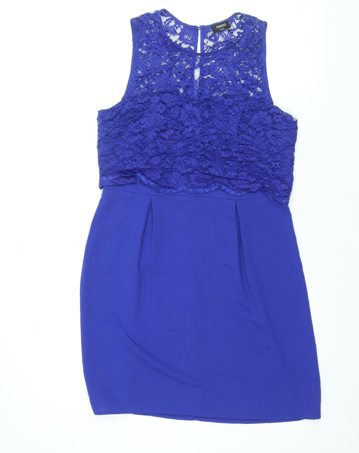 Oasis Womens Blue Polyamide Shift Size 14 Round Neck Button - Lace Bodice