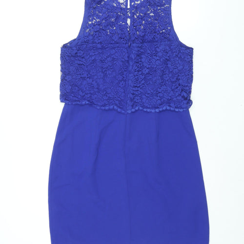Oasis Womens Blue Polyamide Shift Size 14 Round Neck Button - Lace Bodice