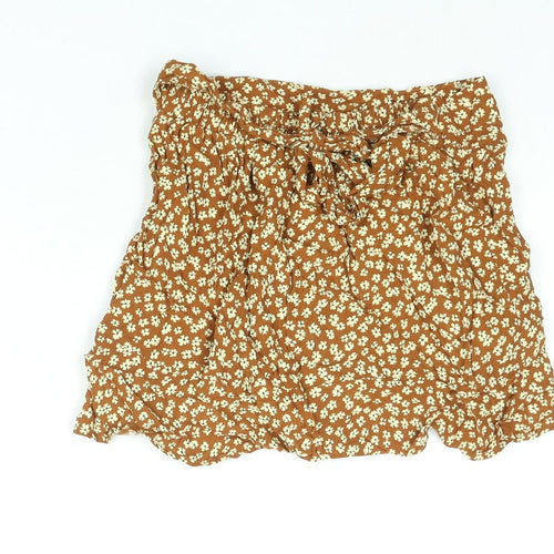 Pull&Bear Womens Brown Floral Viscose Skort Skirt Size S Tie - Elasticated Waist