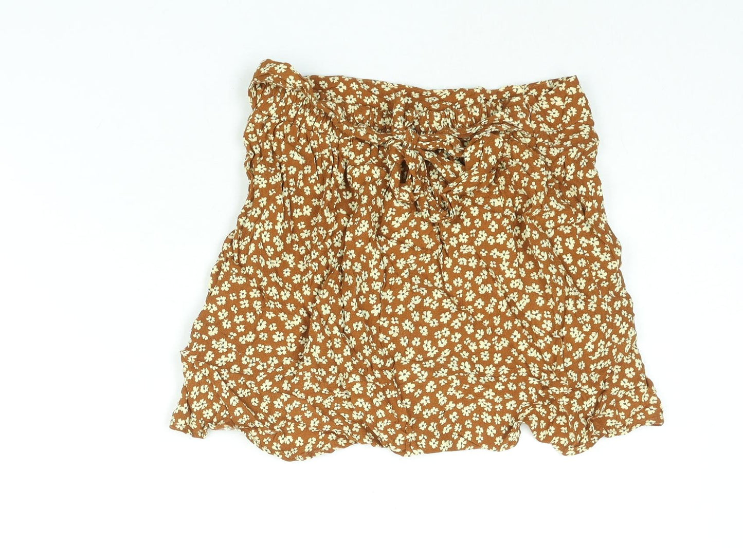 Pull&Bear Womens Brown Floral Viscose Skort Skirt Size S Tie - Elasticated Waist