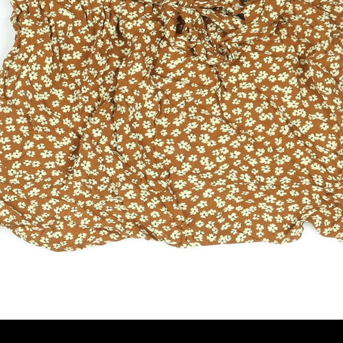 Pull&Bear Womens Brown Floral Viscose Skort Skirt Size S Tie - Elasticated Waist