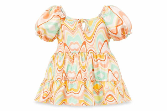 Front view of I SAW IT FIRST women’s multicoloured geometric polyester a-line, size UK 16, scoop neck tie - smocked