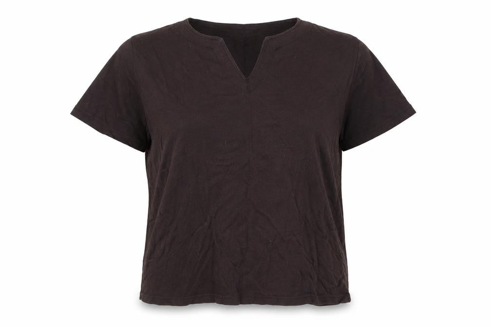Front view of EWM women’s brown cotton basic t-shirt, size L, v-neck
