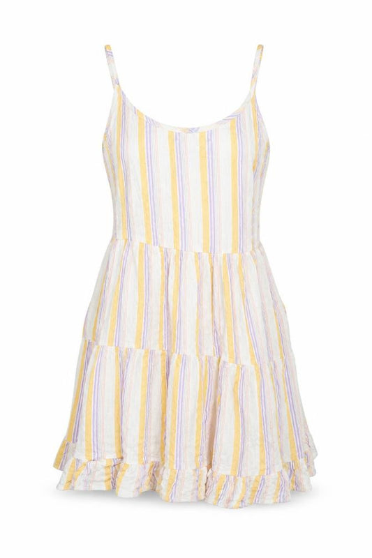 Front view of New Look women’s multicoloured striped viscose tank dress, size UK 14, scoop neck pullover - smocked