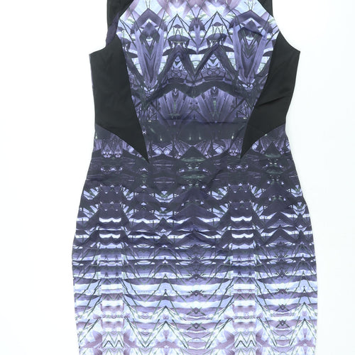 Karen Millen Womens Purple Geometric Acetate Pencil Dress Size 16 Round Neck Zip