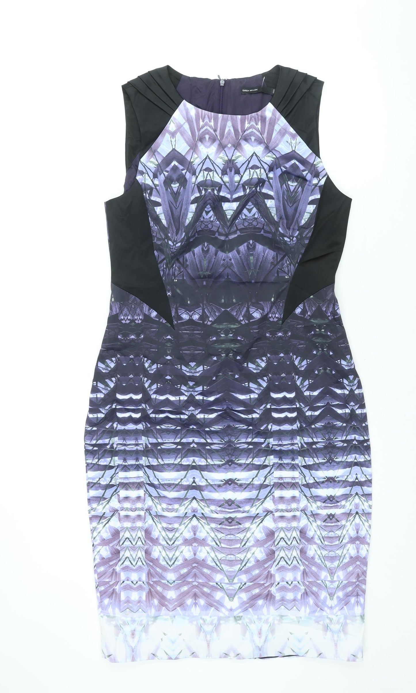 Karen Millen Womens Purple Geometric Acetate Pencil Dress Size 16 Round Neck Zip
