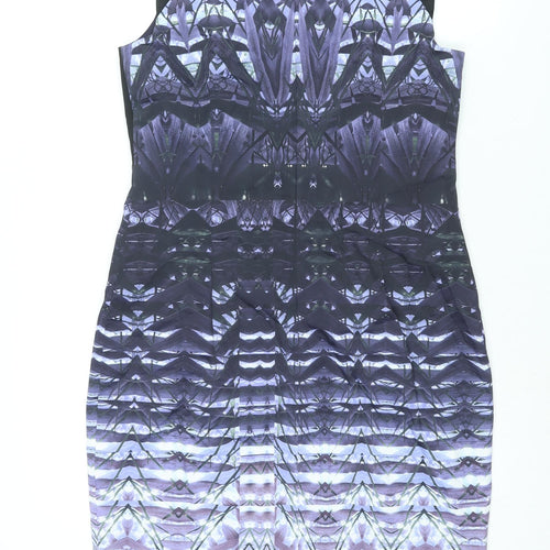 Karen Millen Womens Purple Geometric Acetate Pencil Dress Size 16 Round Neck Zip