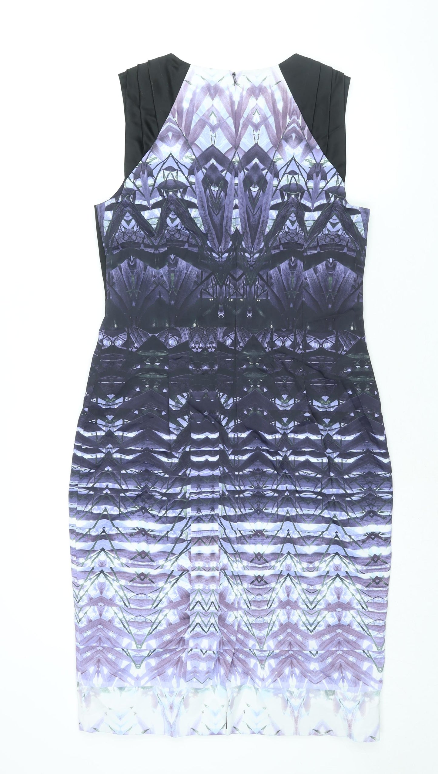 Karen Millen Womens Purple Geometric Acetate Pencil Dress Size 16 Round Neck Zip