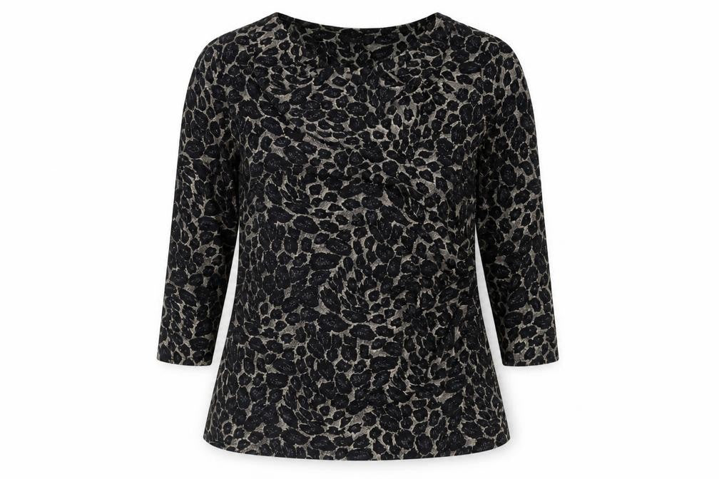 Front view of M&Co women’s black geometric polyester basic blouse, size UK 20, cowl neck - rouched glitter