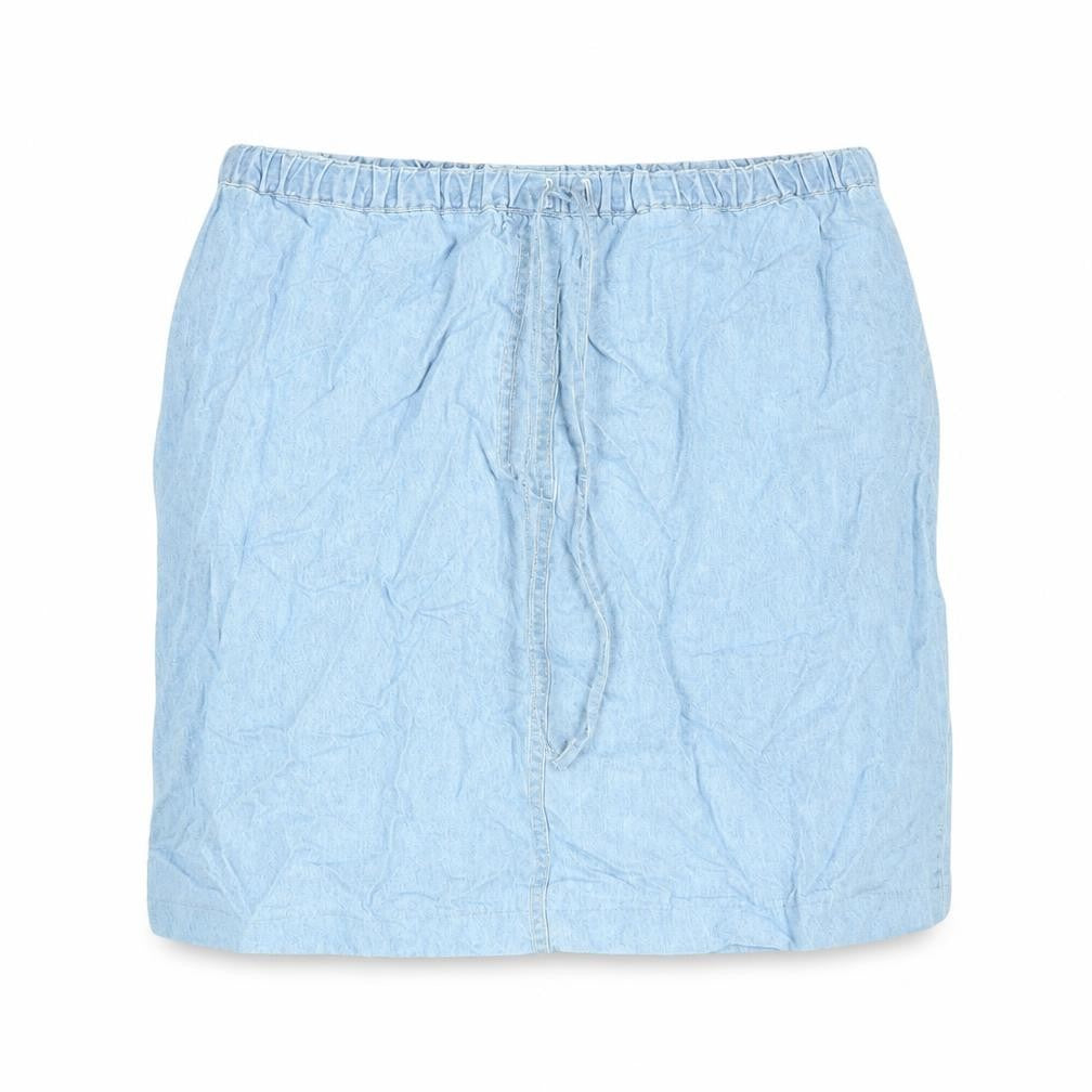 Front view of BHS women’s blue cotton mini skirt, size UK 34, in drawstring