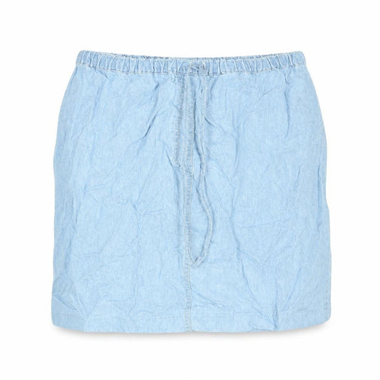 Front view of BHS women’s blue cotton mini skirt, size UK 34, in drawstring