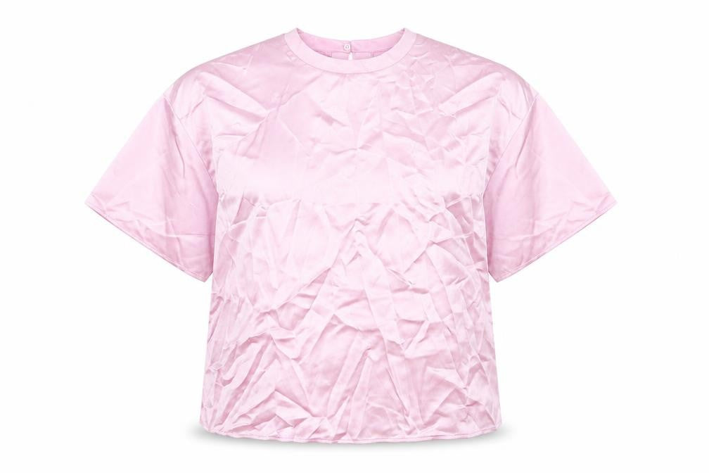 Front view of Zara women’s pink polyester basic blouse, size S, round neck