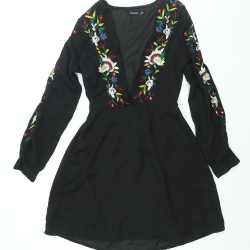 Boohoo Womens Black Polyester A-Line Size 8 V-Neck Pullover - Floral Embroidery