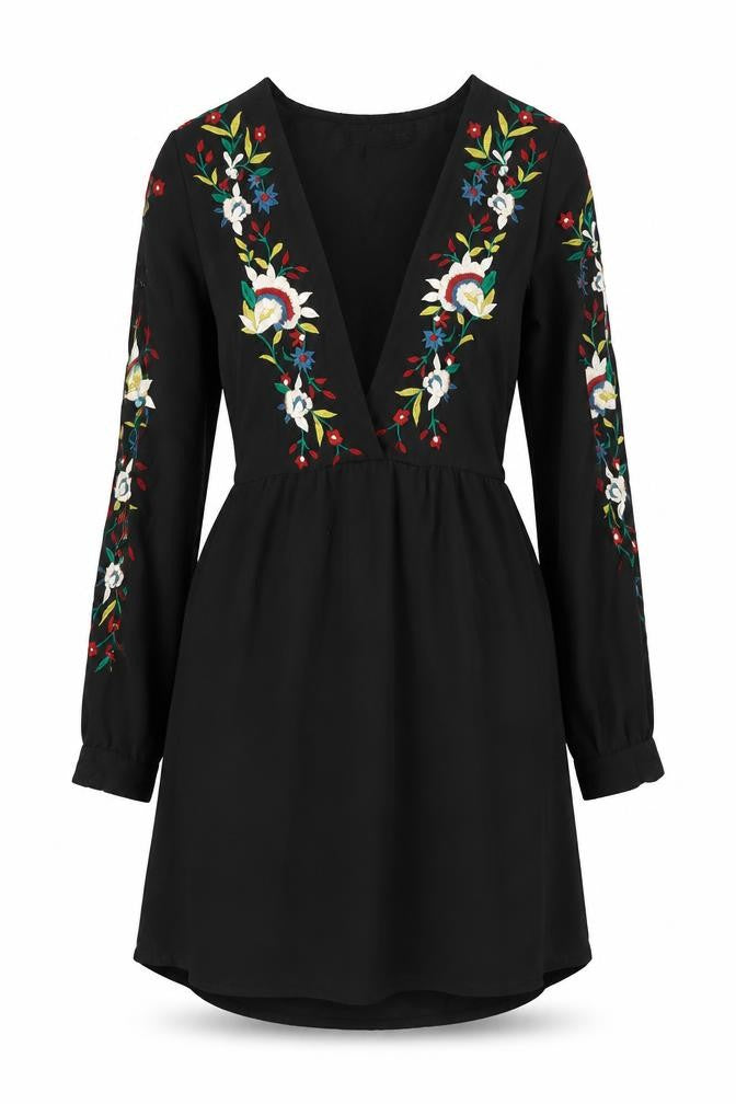 Front view of Boohoo women’s black polyester a-line, size UK 8, v-neck pullover - floral embroidery