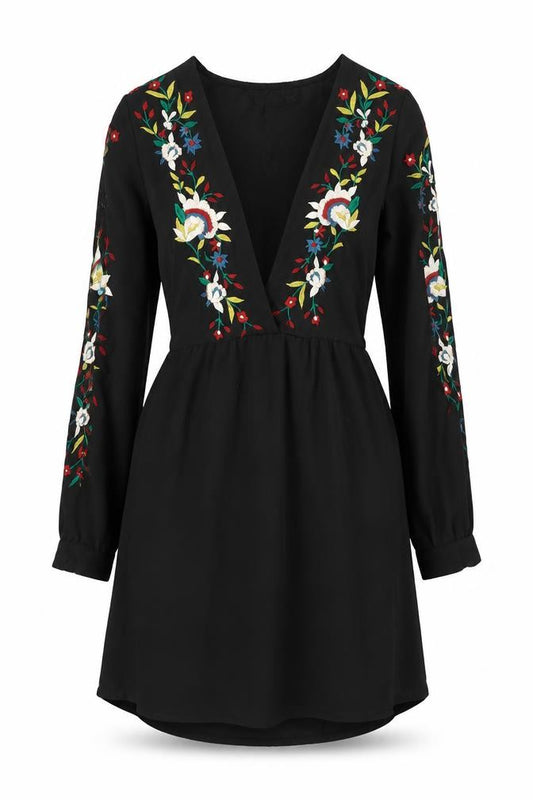 Front view of Boohoo women’s black polyester a-line, size UK 8, v-neck pullover - floral embroidery