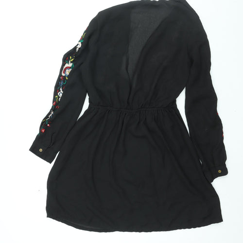 Boohoo Womens Black Polyester A-Line Size 8 V-Neck Pullover - Floral Embroidery