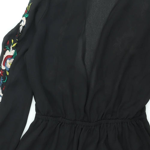 Boohoo Womens Black Polyester A-Line Size 8 V-Neck Pullover - Floral Embroidery