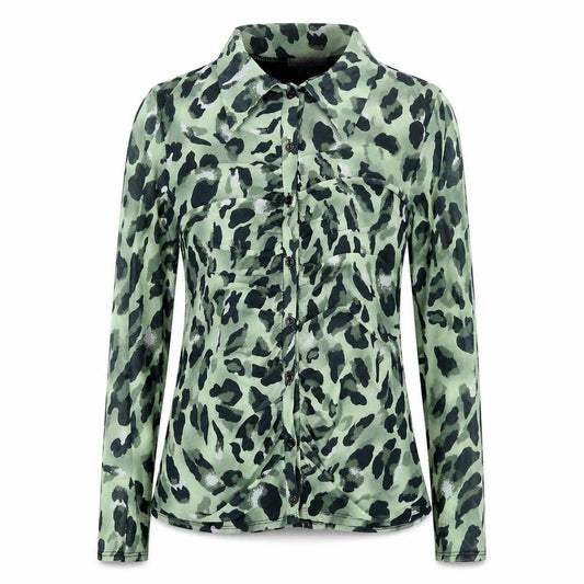 Front view of Principles women’s green geometric polyester basic button-up, size UK 10, collared - rouched