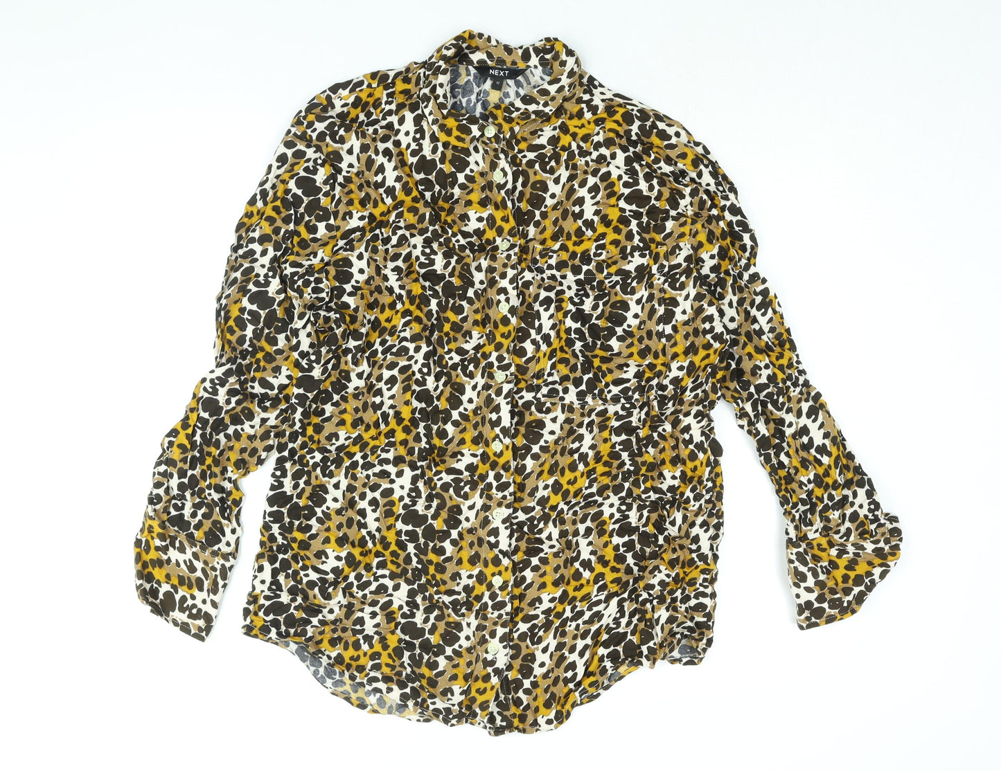 NEXT Womens Brown Animal Print Viscose Basic Button-Up Size 12 Collared - Leopard Print