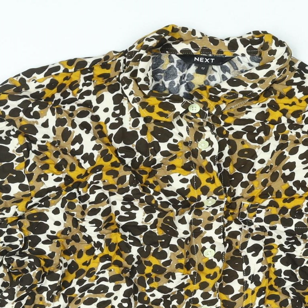 NEXT Womens Brown Animal Print Viscose Basic Button-Up Size 12 Collared - Leopard Print