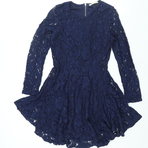 Rebellion Womens Blue Cotton A-Line Size M Round Neck Zip