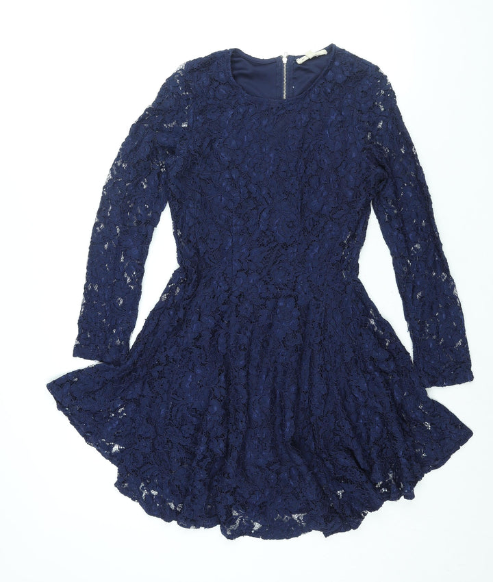 Rebellion Womens Blue Cotton A-Line Size M Round Neck Zip