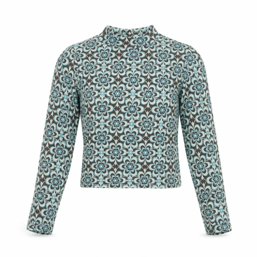 Front view of Stradivarius women’s multicoloured geometric polyester cropped blouse, size M, mock neck