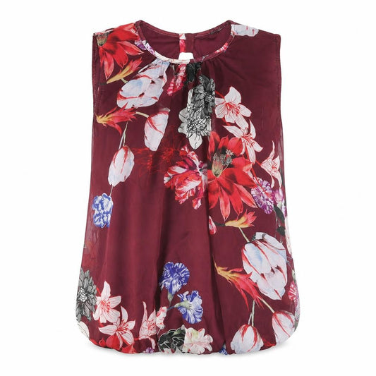 Front view of Quiz women’s red floral polyester camisole blouse, size UK 8, round neck