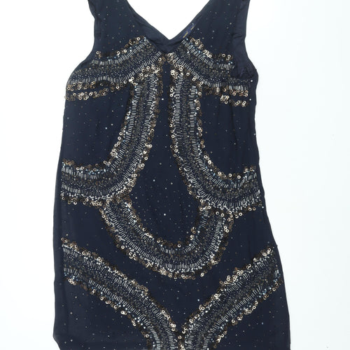 NEXT Womens Blue Polyester Shift Size 16 V-Neck Zip - Geometric Sequin