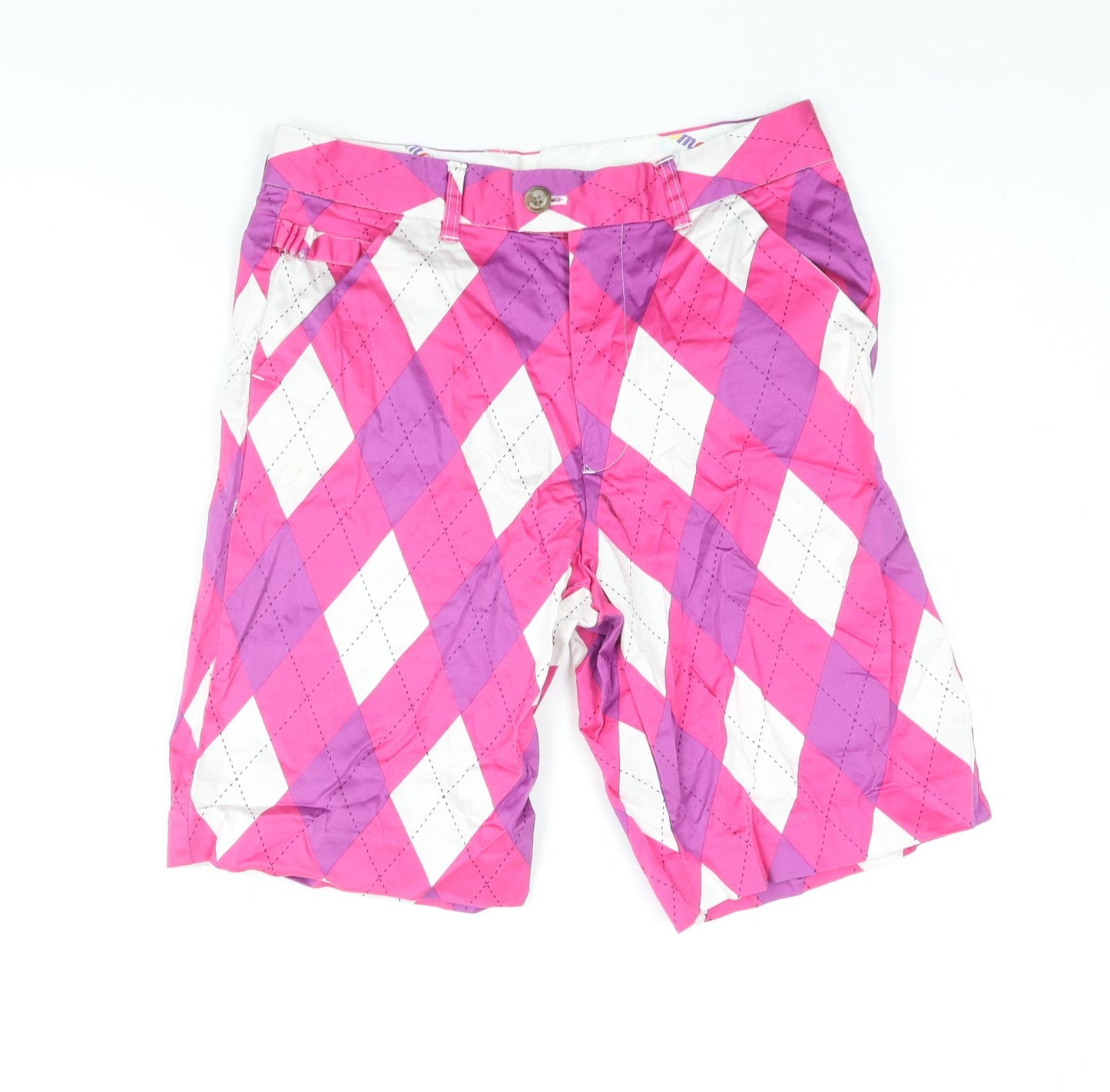 Royal & Awesome Mens Pink Argyle/Diamond Cotton Chino Shorts Size 30 in L9 in Regular Zip - Golf Logo Badge